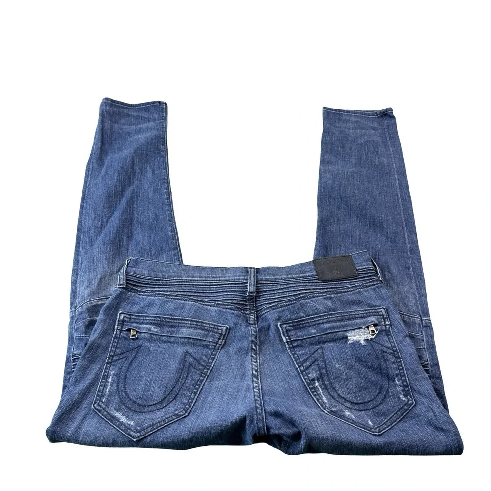 True Religion Rocco Relaxed Skinny Moto Distressed Mens Jeans 34x34 Blue